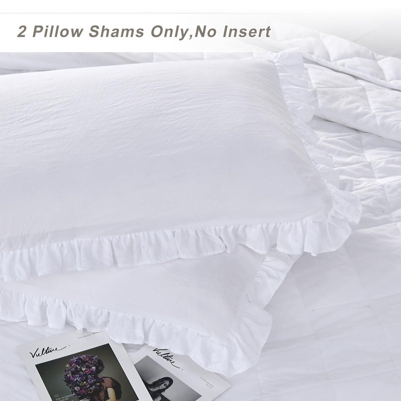 QSH Queen's House Ruffled Pillow Shams King White Shabby Set of 2 Farmhouse Pillowcases French Country Vintage Frilly Pillow Cover Polyester 20x36 - Image 4